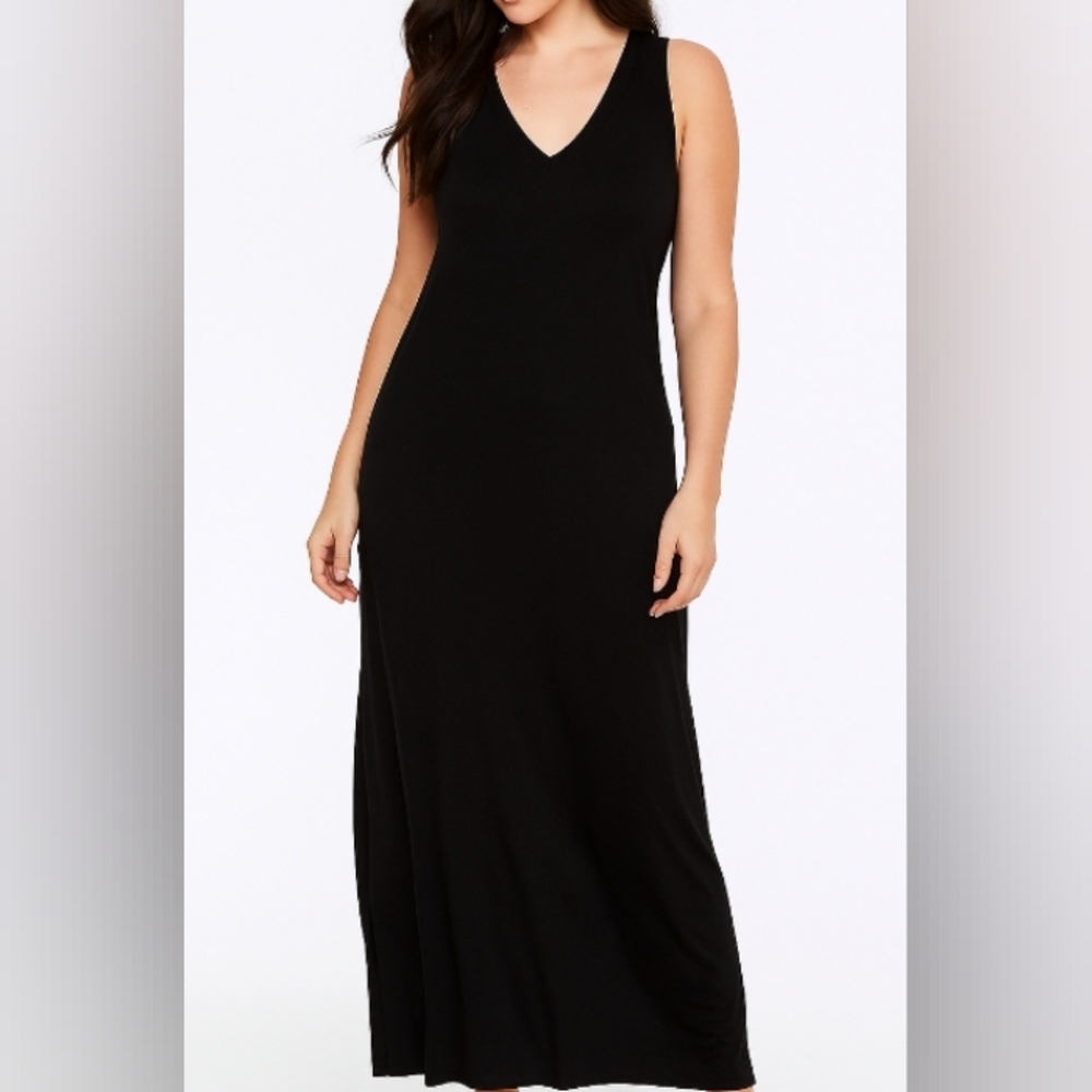 Women's long black sleeveless dress sleep lounge high side slits  sz XL B80